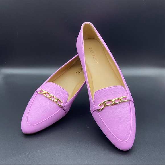 Talbots Pink Leather Flats sz8 Driving Mocs Womens Francesca Gold Chain NEW! - Picture 1 of 7